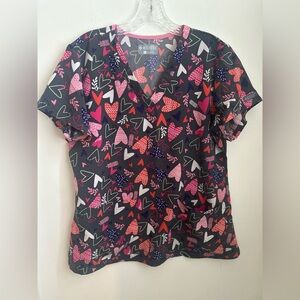Med Couture Colorful Heart Print V-Neck Blouse Scrub Top